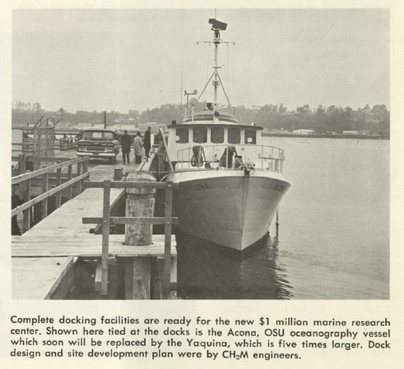 Clipping from CH2M magazine. OSU Research Vessel "Acona" in dock at Yaquina Bay, where HMSC will be built. 1965