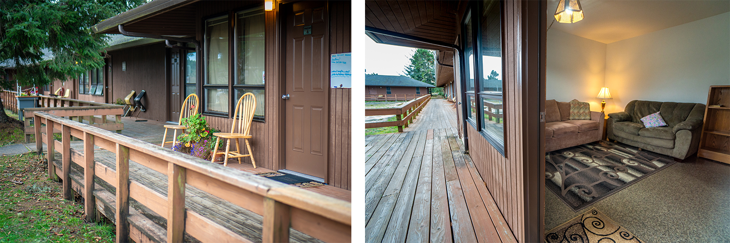 Wooden porch decks that run along the outside of HMSC housing units. 