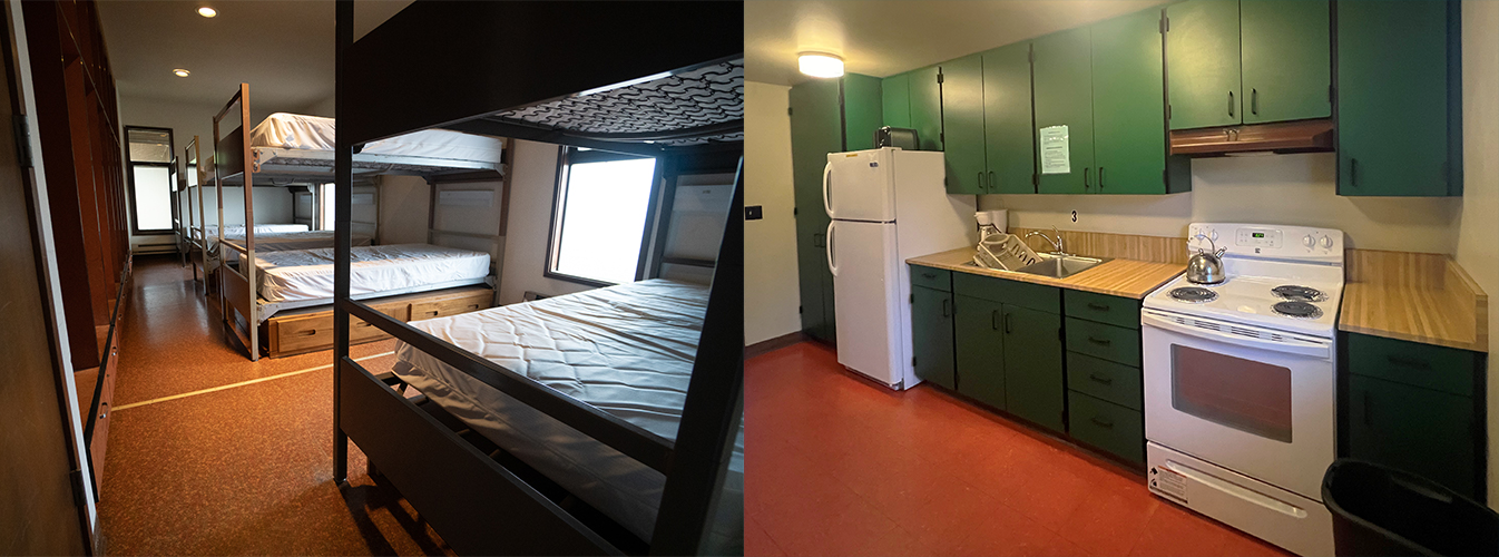 Two photos, one of a room with full sized bunkbeds and the other of a galley kitchen.