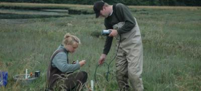 A man and woman in a salt marsh doing field research