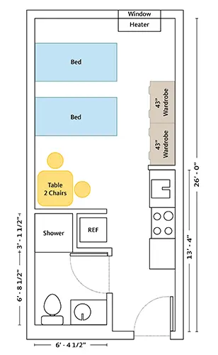 A floorplan of a deluxe studio apartment with double beds.