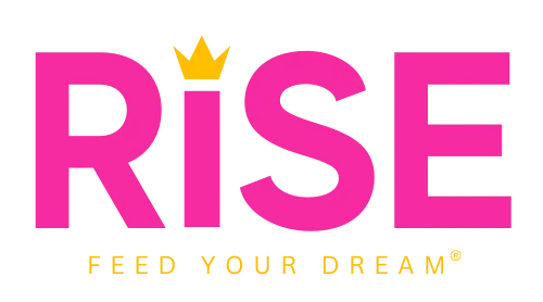 The word Rise in bright pink with a small yellow crown over the letter i. 