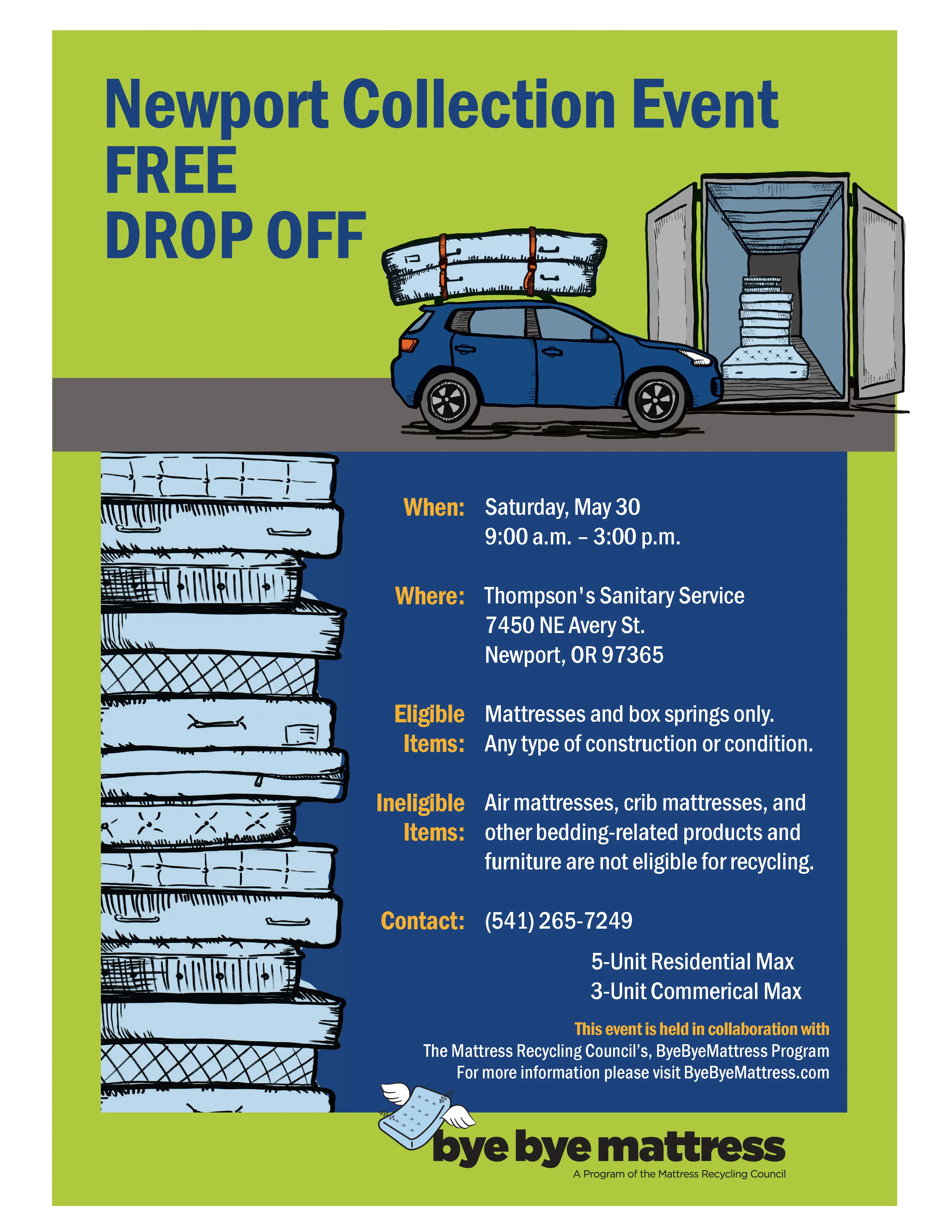 Mattress Recycling event flyer May 30, 2026