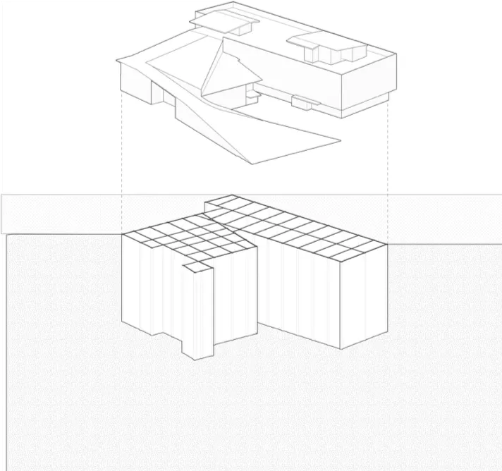 A skematic drawing of the foundation of a building showing how it sits deep in the ground. The building is shown hoving above the foundation.