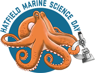 A logo with the words Hatfield Marine Science Day arching over an octopus holding a microscope.