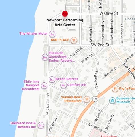 Map showing the Newport Performing Arts Center and Hallmark Inn