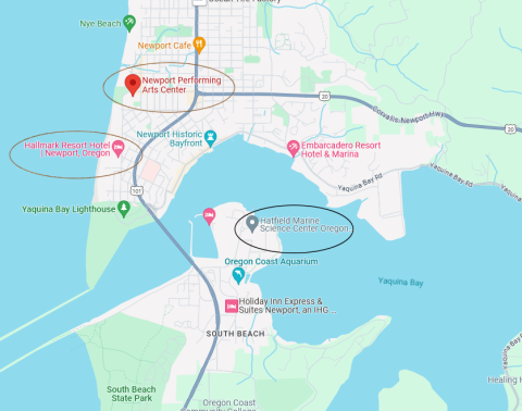 A map of the Newport area showing Hatfield Marine Science Center, the Newport Performing Arts Center and the Hallmark Resort.