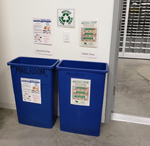 Plastic Films and Mixed Recycling bins in the mail room