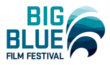 A logo. with an abstract image of waves and the words, for the Big Blue Film Fest.