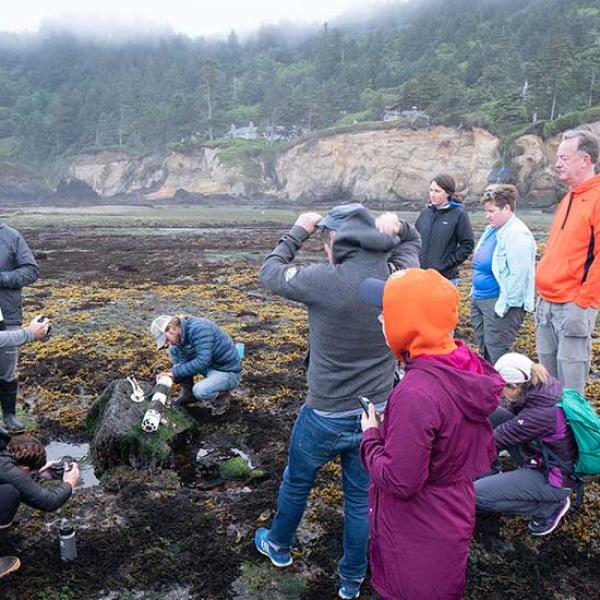 Students attending an outdoor marine science class gather near a rocky tide pool and listen to the instructor.